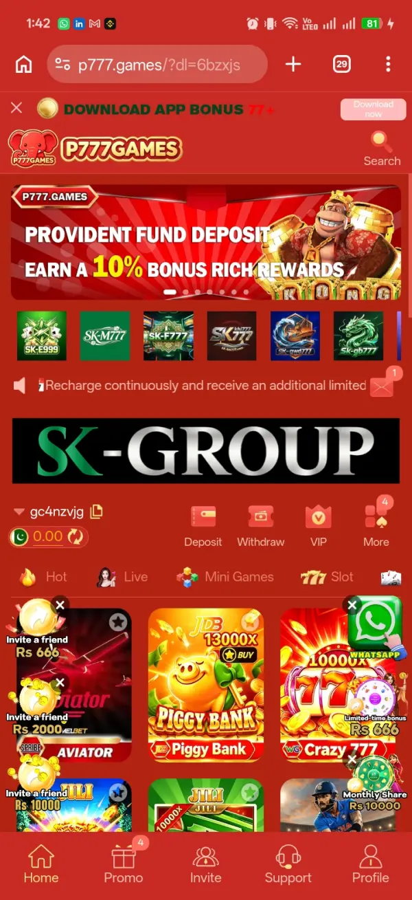 P777 Game home screen showing the deposit bonus banner and category tabs