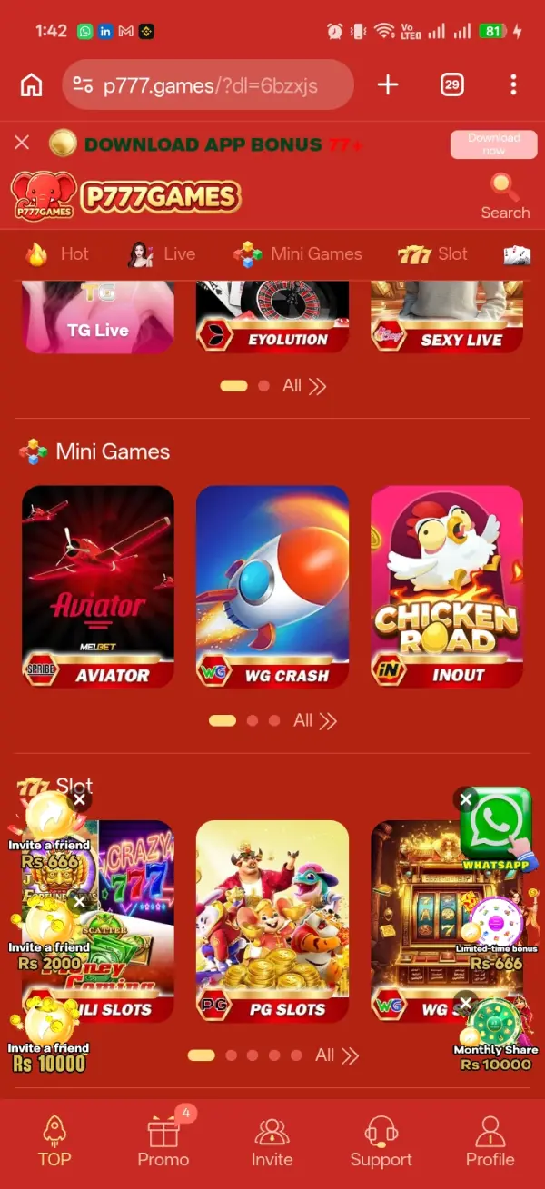 P777 Game Live, Mini Games, and Slot tabs