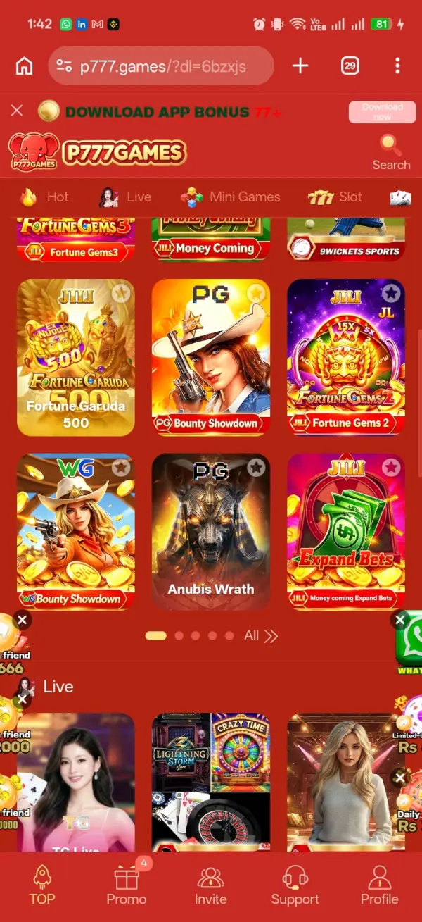 P777 Game slot titles and live dealer tables